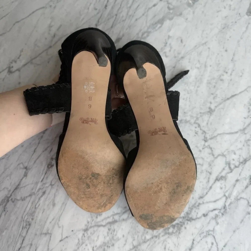 Coach Women's Henny Sandal Ankle Strap Heel Open Toe Black Suede Dressy 6 B